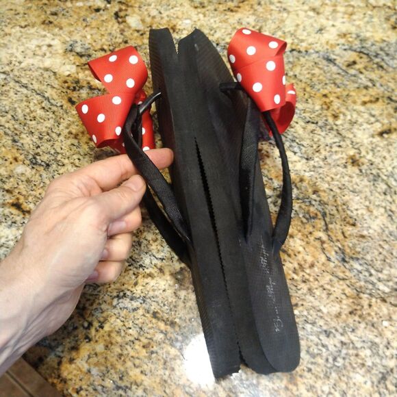 Cute Red Polka Dot Bow Ribbon Flip Flops with Mickey Mouse in Glitter 11/12 - Picture 6 of 9